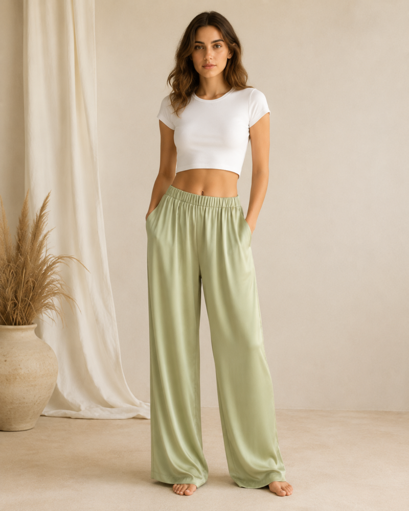 Layali Silk Satin Apple Green Pants